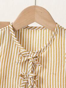 Souflis Souflis 2pcs Baby Girl Toddler/Newborn 0-3 Years Old Spring/Summer Yellow Casual Sweet Daily Vacation Striped Woven Sleeveless Tank Top And Wide Leg Pants 2-Piece Set - Yellow - View 8