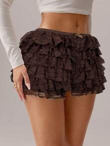 Low-Waisted Shorts With White Lace Ruffles - Coffee Brown - View 4