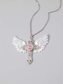 ROMWE Goth 1 pieza Collar con colgante de cruz gótico de lujo con rhinestones, regalo para fiesta de vacaciones, Halloween - Rosa - Ver 2