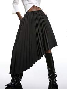 LYSMO 2026 New Arrive Minimalism Spring/Summer Women's Asymmetrical Hem Pleated A-Line Skirt,Work Outfits/Business Casual/ Office Outfits For Women - Black - View 1
