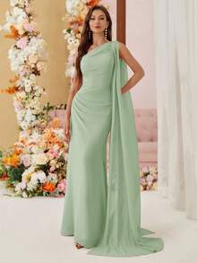 Aureia Gaun Bridesmaid Chiffon dengan Bahu Asimetris dan Detail Draperi (Dewasa) - Rumput Hijau - View 1
