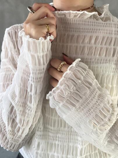 FRIFUL Women's Solid Color Textured Sheer Fabric Mock Neck Layered Trim Casual Versatile Top, Autumn/Winter Vacation