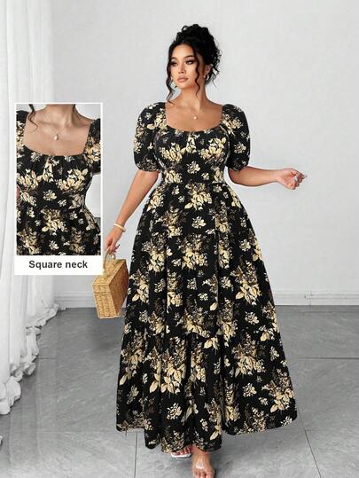 Elenzga Plus Size Women's Elegant Fashion Personalized Versatile Literary Celebrity Romantic French Rose Floral Dress, Suitable For Summer, Back To School, Graduation, Holidays, Valentine's Day, Music Festivals, Mother's Day, Halloween, Thanksgiving, Easter, National Day, Balls, Dates, Parties, Outings