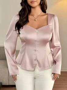 Vionelle Große Größen Elegante Satin-Bluse mit Mandarin-Kragen und Puffärmeln für Damen, dekoriert mit Knöpfen, geeignet für Partys, Weihnachten, Valentinstag - Pink - Übersicht 4