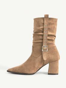 CUCCOO CHICEST Women's Fashion Versatile Commuter Buckle Pointed Toe Mid-Calf Boots - Khaki - View 8