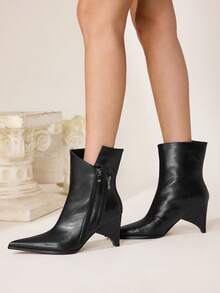 CUCCOO CHICEST 女士休闲优雅侧拉链尖头中筒靴，秋季款 - 黑色 - 查看 6