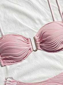 Swim Vcay Set Pakaian Renang Bikini Wanita Warna Polos Bertekstur, Baju Renang Push Up Berbantalan, Set Bikini Pink Berkerut yang Sopan, Musim Panas, Kasual, Pantai, Liburan, Rekreasi - Berwarna merah muda - View 5