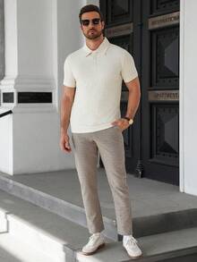 Manfinity Homme Men's Apricot Button Casual Versatile Summer Short Sleeve Polo Shirt, Cream Buttoned Knitted Polo Shirts Beach - Beige - View 3