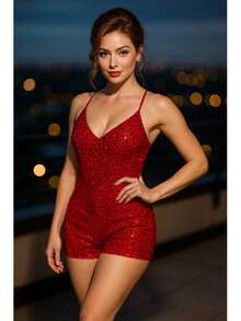 Vestido Sexy Dama Premium Vestido Lentejuelas Elegante Vestido Tirantes Vestido Short Sexy - Rojo - Ver 3