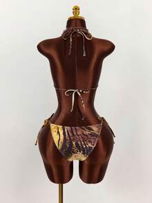 Amplova 女士复古豹纹深V领露背短款上衣泳衣套装，搭配短裤，性感时尚，适合海滩度假 - 彩色 - 查看 2