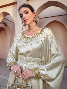 Al Najma 女士金色串珠装饰土耳其长袍和阿拉伯传统长裙 - 金色 - 查看 1