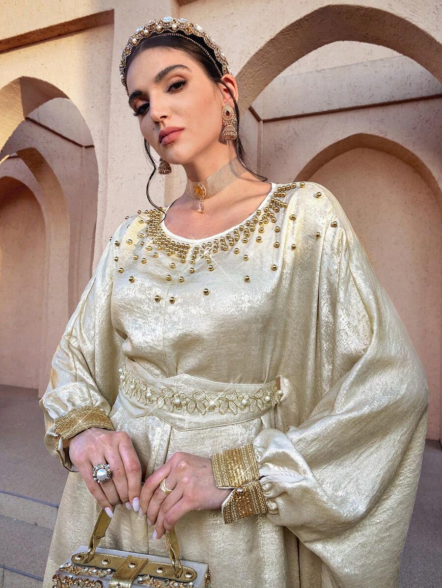 Al Najma 女士金色串珠装饰土耳其长袍和阿拉伯传统长裙 - 金色 - 查看 1