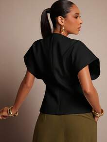 Vixey Solid Textured Woven Asymmetrical Hem Single Button Waistcoat Top - Black - View 5