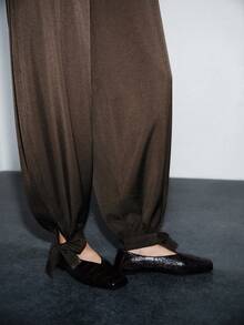 Lumivelle Women's Solid Color Slim Fit Waist Drawstring Pants With Real Pockets, Flared Hem With Bow Tie, Casual & Elegant Office Wear, Spring/Summer/Autumn - Coffee Brown - View 5