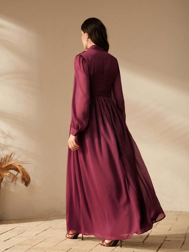 Women's Sequin Applique Decor Long Sleeve Pleated Elegant Dress