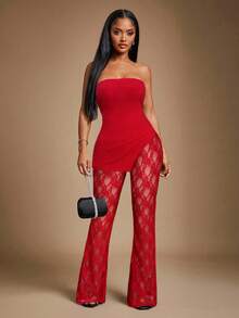 Radiana Women's Sexy & Elegant Red Lace 2-Piece Set, Includes Thick Ribbed Bandeau Top And Lace Flare Pants, High Elasticity Fabric Contouring Body, Suitable For Dates, Gatherings, Parties, Clubs, Nightlife,Spring To Summer, - Red - View 1