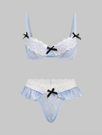 ROMWE Kawaii Cute Lace Underwire Contrast Color Bow Ruffle Bra & Panty Sexy Lingerie Set