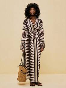 SHEIN Veneréa Bohemian Geometric Print Beach Resort Kimono Cover Up For Women - Multicolor - View 3