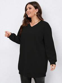 SHEIN Tall CURVE 大码女式休闲V领长袖卫衣，高个款 - 黑色 - 查看 3