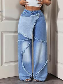 Slaydiva Casual Frayed Hem Patchwork Design Women Jeans - Blue - View 4