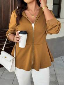 Easura 加大码女式连帽长袖卫衣 - 棕色 - 查看 5