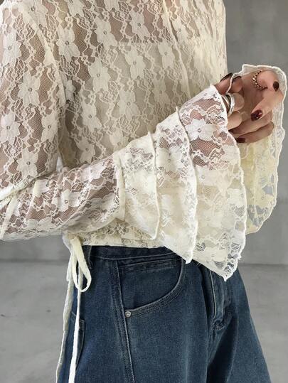 FRIFUL Women's Solid Color Layered Sheer Lace Flare Sleeve Loose Casual Versatile Blouse, Spring