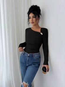 SHEIN Elenzya Women's Black Autumn Elegant Night Out Fleece Ribbed Oblique Collar Ruched Metal Button Decor Long Sleeve T-Shirt,Slim Fit Casual Top For Office - Black - View 4