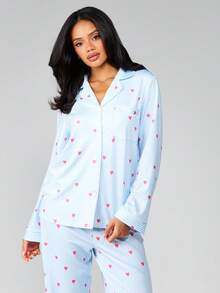 MISSGUIDED Light Blue Striped Heart Print Button Up Pajama Set Long Sleeve Collared Top With Matching Full Length Pants Sleepwear Lounge Set - Blue - View 3