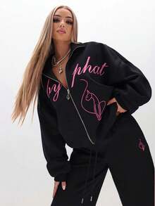 BABYPHAT Women Oversized Zip Up Sweatshirt With Script Print Sweatshirt Pullover Winter Casual Lounge Wear - Black - View 2
