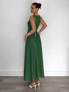 Siren Gaze Women's Army Green Sleeveless Round Neck Maxi Dress With Plicated Woven Fabric Details Casual Flared Long Tank Dress Women Vacation Dress Solid Color Dress Green Maxi Dress Women Ankle Length Dress Summer Holiday Resort - Army Green - View 2