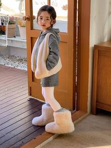 DAZY Young Girl' Hooded Solid Color Knitted Sweater And Knitted Shorts Set - Grey - View 4