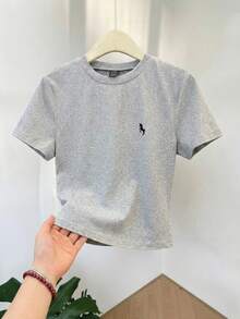 GlowEve 4pcs/Set Women's Solid Color Embroidered Round Neck Short Sleeve Fitted Cropped T-Shirt, Suitable For Daily Wear