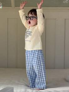 Hapijoa 2pcs Toddler Boys' Casual Letter Print Short Sleeve T-Shirt And Plaid Pants Loungewear Set - Yellow - View 7