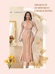 SHEIN Lady Đầm dài ren ánh kim màu sâm panh thanh lịch dành cho nữ, thích hợp dự tiệc - Rượu sâm banh - Xem 9