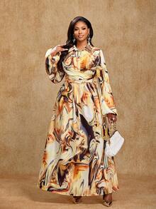 Brilight Váy dài chữ A thắt eo thanh lịch họa tiết kẻ sọc màu mơ dành cho nữ, đi làm, hẹn hò hàng ngày, dự tiệc - Màu be - Xem 5