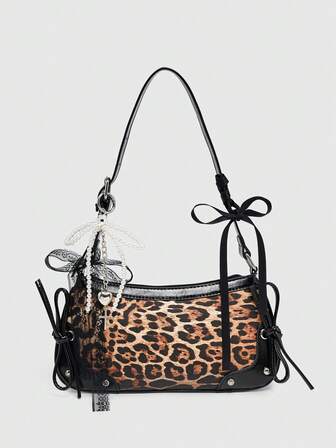 Kawaii Bolso de hombro/axila estilo ballet retro de mujer con decoración de mariposa, cadena, estampado de leopardo y perlas falsas, bolso de mujer con estampado de animal, bolso de mujer con estampado de guepardo de moda para otoño e invierno, nuevo bolso con estampado de tigre para mujer para otoño e invierno