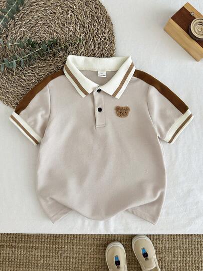 LMoss Kids LMoss   Young Boy Polo Shirt With Collar, Button Half Placket, 3D Bear Graphic, Casual Everyday Wear, Short Sleeve