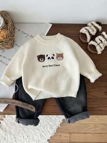 SHEIN Young Boys' Thickened Fleece Pullover Sweater, Cute Animal Embroidery Pattern, Versatile & High Elasticity, Suitable For Home & Outdoor, Autumn/Winter Flash Burgundy Boho Goth Y2k Streetwear Rave Vacation Holiday Party Festival Fall Winter Winter Clothes Retro Vintage Casual Cozy - White - View 2