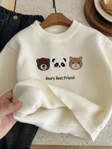 SHEIN Young Boys' Thickened Fleece Pullover Sweater, Cute Animal Embroidery Pattern, Versatile & High Elasticity, Suitable For Home & Outdoor, Autumn/Winter Flash Burgundy Boho Goth Y2k Streetwear Rave Vacation Holiday Party Festival Fall Winter Winter Clothes Retro Vintage Casual Cozy - White - View 6