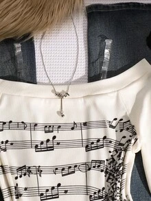 SHEIN Tween Girl Retro Off-The-Shoulder Long-Sleeved Top, Children's Note Printed Slim-Fit T-Shirt, Fashionable And Versatile, Striped Retro Y2k, Textured Fabric, Casual And Versatile, Sisters' Gift, Suitable For Back-To-School Season Clothing, Festival Gift, Spring, Summer And Autumn - White - View 5