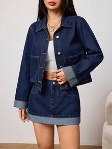 SHEIN PETITE 冬夏女士通勤休闲优雅水洗牛仔外套和迷你裙牛仔套装 - 深色水洗藍 - 查看 2