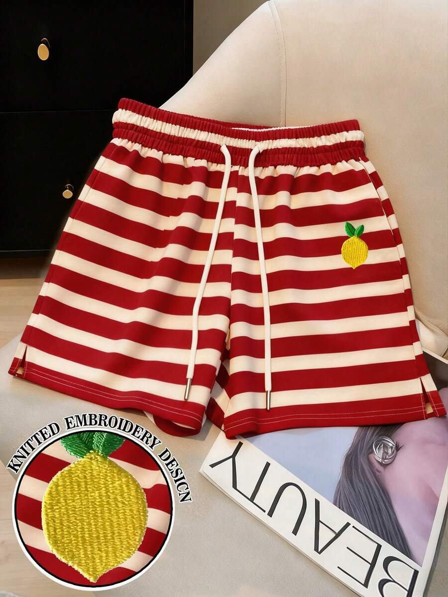 Resyla Pantalones cortos casuales de mujer con bolsillo, cintura con cordón y bordado de frutas a rayas - Multicolor - Ver 1
