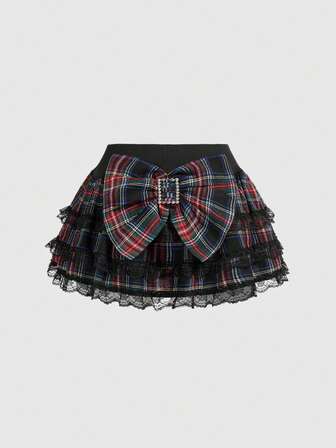 J-Fashion Gonna a ruota stile Harajuku Y2K con fiocco oversize, vita bassa e bordo in pizzo a quadri per le donne