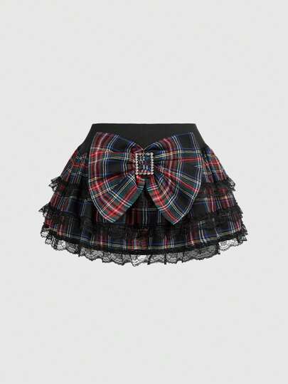 J-Fashion Gonna a ruota stile Harajuku Y2K con fiocco oversize, vita bassa e bordo in pizzo a quadri per le donne