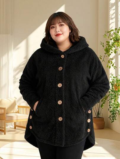 1 pieza Chaqueta de forro polar suave para mujer, chaqueta con capucha con botones, abrigos de invierno casuales de talla grande, chaqueta de cama. Chaqueta de borrego para mujer, abrigos de forro polar de borrego con botones, chaquetas de manga larga casuales, abrigo cálido de otoño e invierno