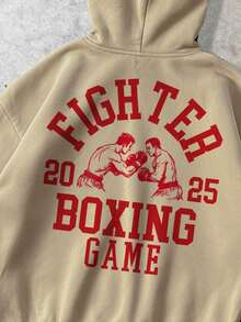 StoneGrade Vintage American Typography Boxing Graphic Casual Loose Fit Pullover Hoodie, Thick Fleece, Khaki, Suitable For Dates, Parties, Couples, Family Matching, Great Gift For Boyfriend