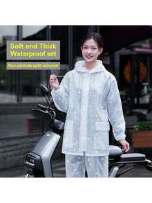 女士透明雨衣套装，含连帽外套和裤子 - 简约、时尚、休闲，适合日常穿着。 - 白色 - 查看 5