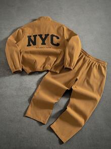 PAVTROS Men's Casual Letter Print Jacket And Pants Set, Autumn Mens Two Piece Set Mens Co Ord Set Men Summer Sweatsuit Mens Street Wear Sets Mens 2 Piece Outfits Brown