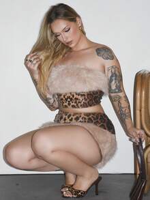 Arliah 女士性感豹纹亮片拼接蓬松抹胸和低腰短裙套装 - 彩色 - 查看 5