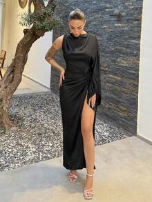 Mélanie ORL Rochie elegantă pentru femei, cu mânecă lungă, plisată, asimetrică, de culoare uni, cu crăpături laterale